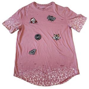 Carbon Women's Pink Embroidered Patch Paint Splatter Distressed Tee Size XXL